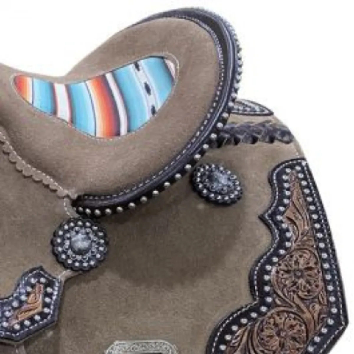 13" DOUBLE T   ROUGH OUT BARREL STYLE SADDLE WITH SOUTHWEST SERAPE PRINTED INLAY