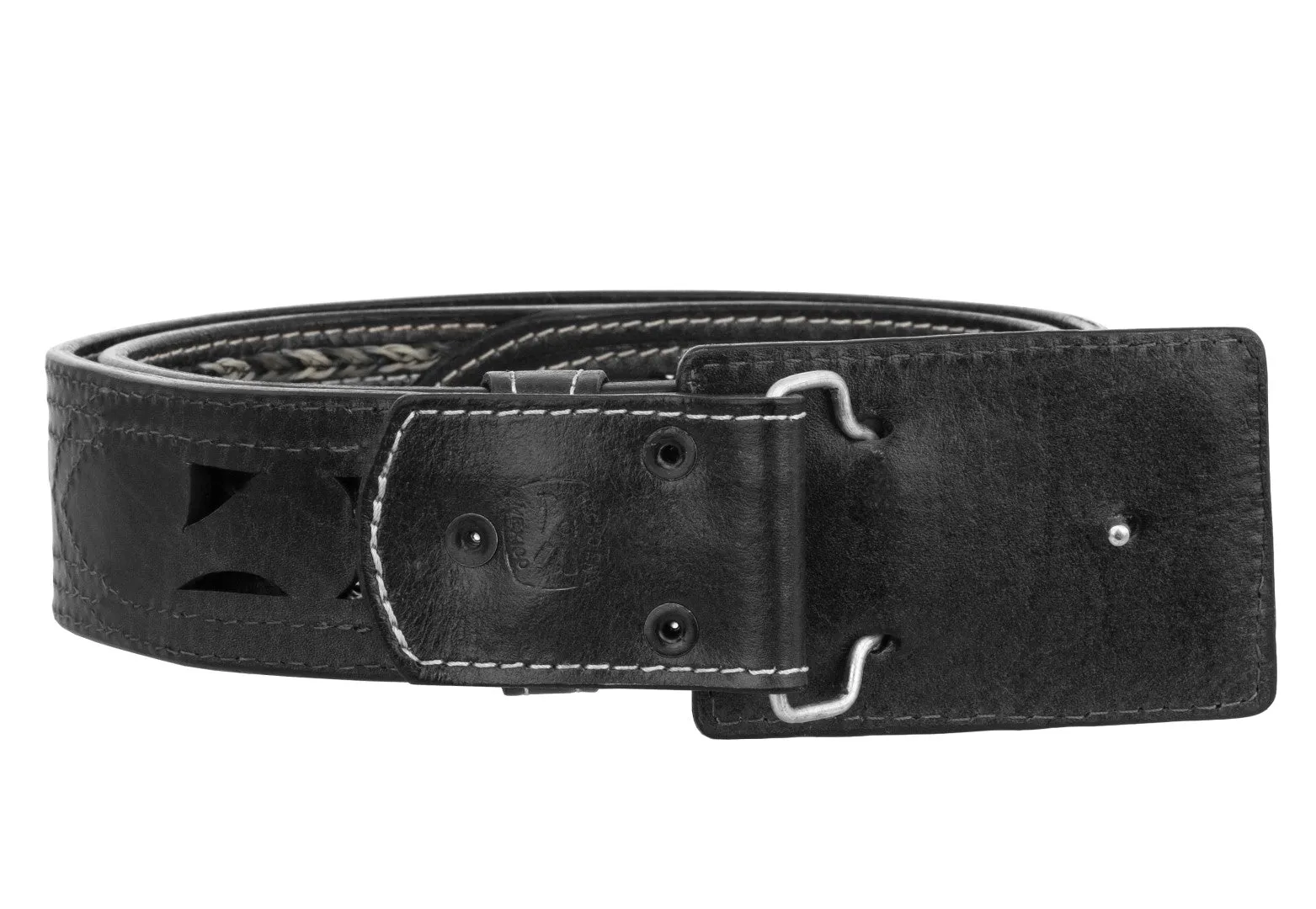 Black Western Cowboy Belt Braided Tooled Leather - Rodeo Buckle