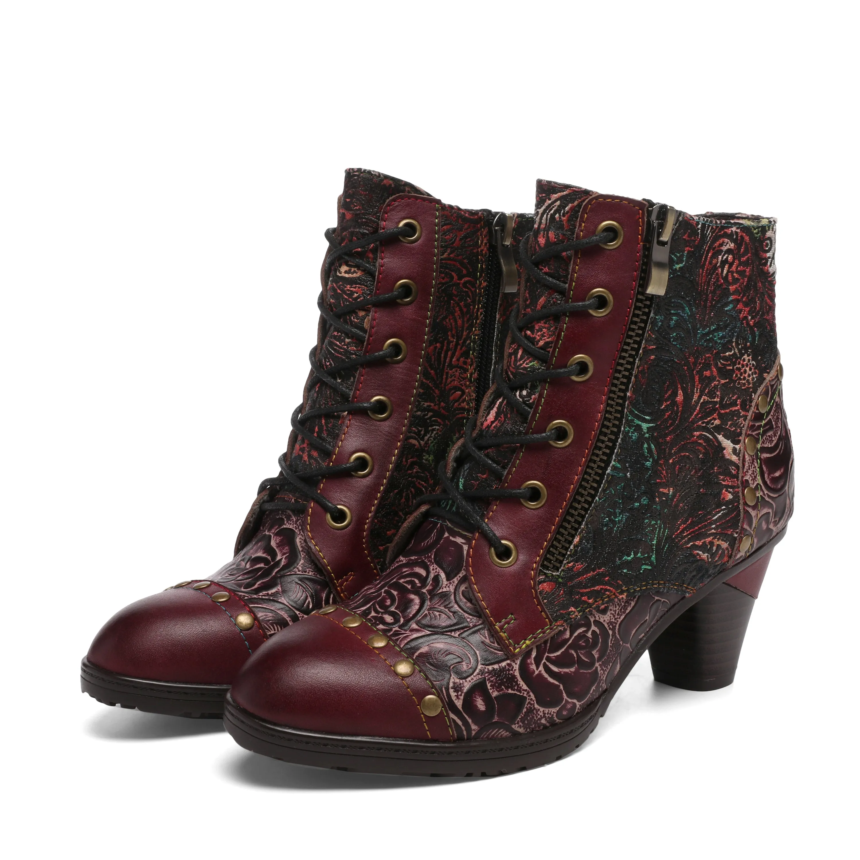 CrazycatZ Womens  Boots Bohemian Block Heel Leather Floral Boots Colorful Leather Heeled Ankle Boots Studded Red Wine