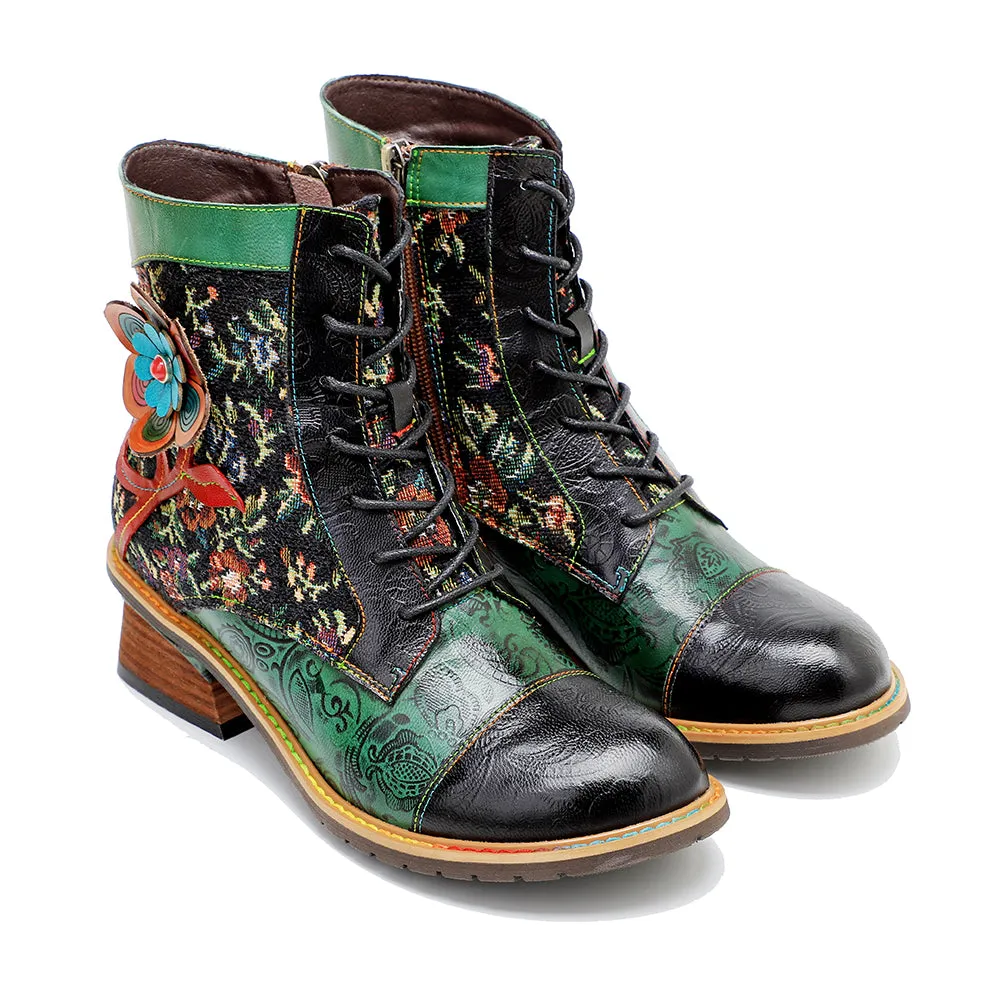 CrazycatZ Womens  Boots Bohemian Block Heels Leather Western Boots Colorful Leather Ankle Boots Green