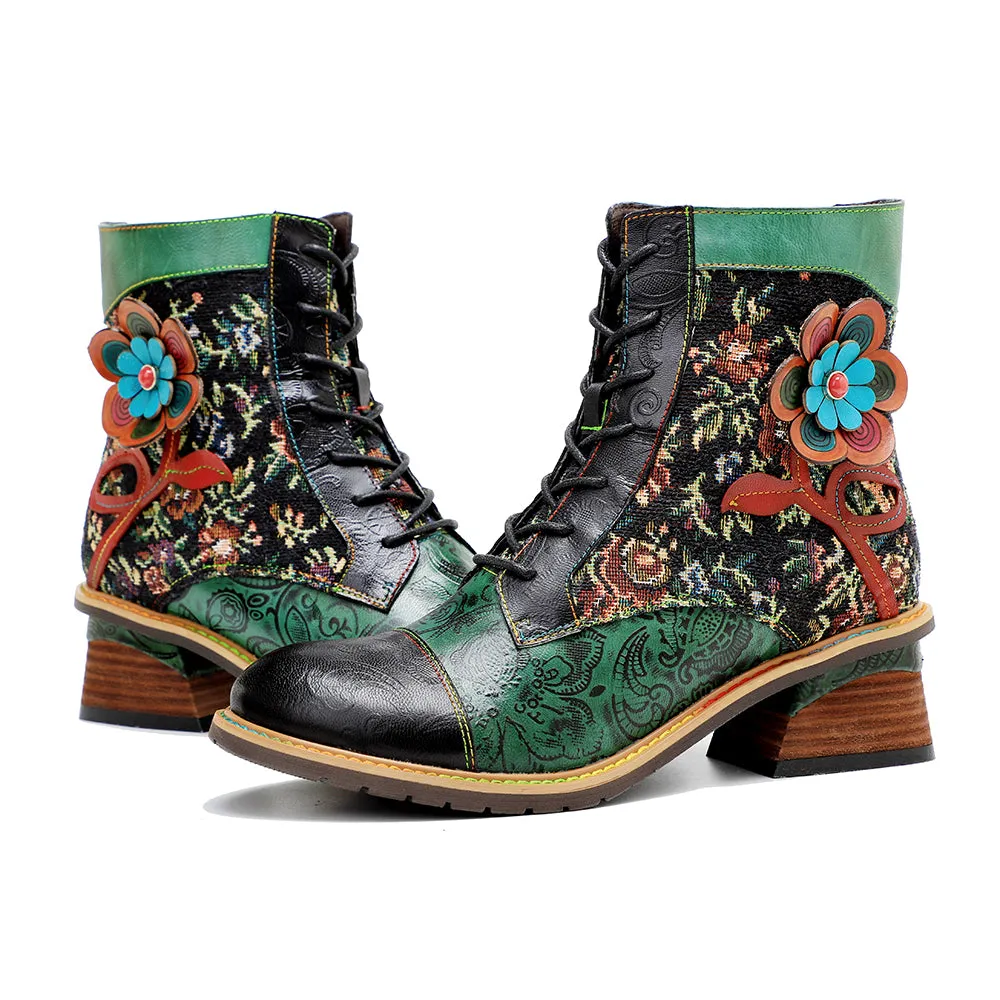 CrazycatZ Womens  Boots Bohemian Block Heels Leather Western Boots Colorful Leather Ankle Boots Green