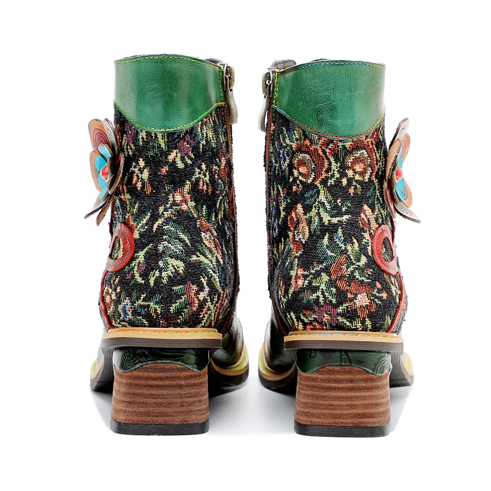 CrazycatZ Womens  Boots Bohemian Block Heels Leather Western Boots Colorful Leather Ankle Boots Green