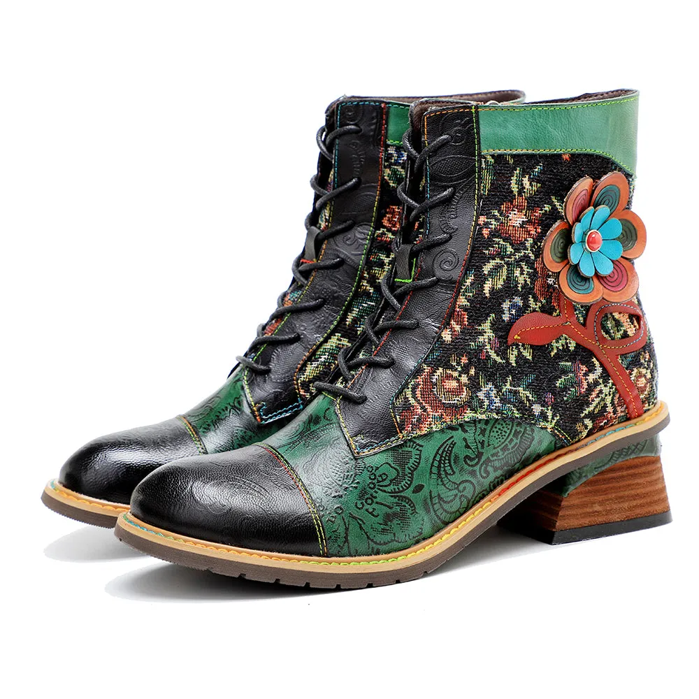CrazycatZ Womens  Boots Bohemian Block Heels Leather Western Boots Colorful Leather Ankle Boots Green