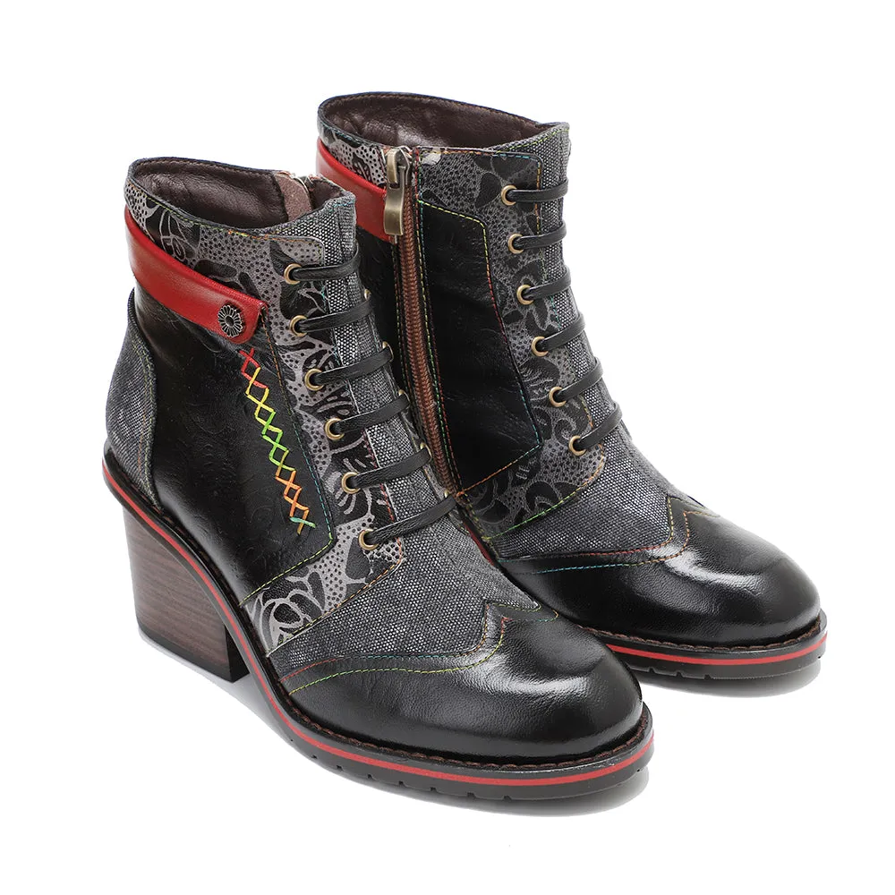 CrazycatZ Womens  Boots Floral Block Heel Leather Western Boots Colorful Leather Boots 306