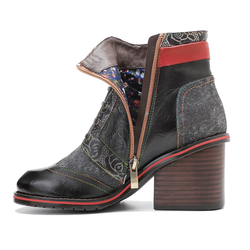 CrazycatZ Womens  Boots Floral Block Heel Leather Western Boots Colorful Leather Boots 306