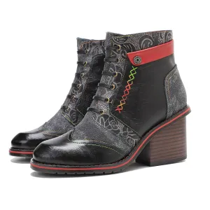 CrazycatZ Womens  Boots Floral Block Heel Leather Western Boots Colorful Leather Boots 306