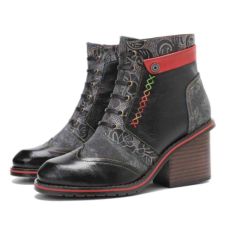 CrazycatZ Womens  Boots Floral Block Heel Leather Western Boots Colorful Leather Boots 306