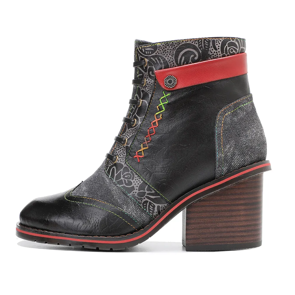 CrazycatZ Womens  Boots Floral Block Heel Leather Western Boots Colorful Leather Boots 306
