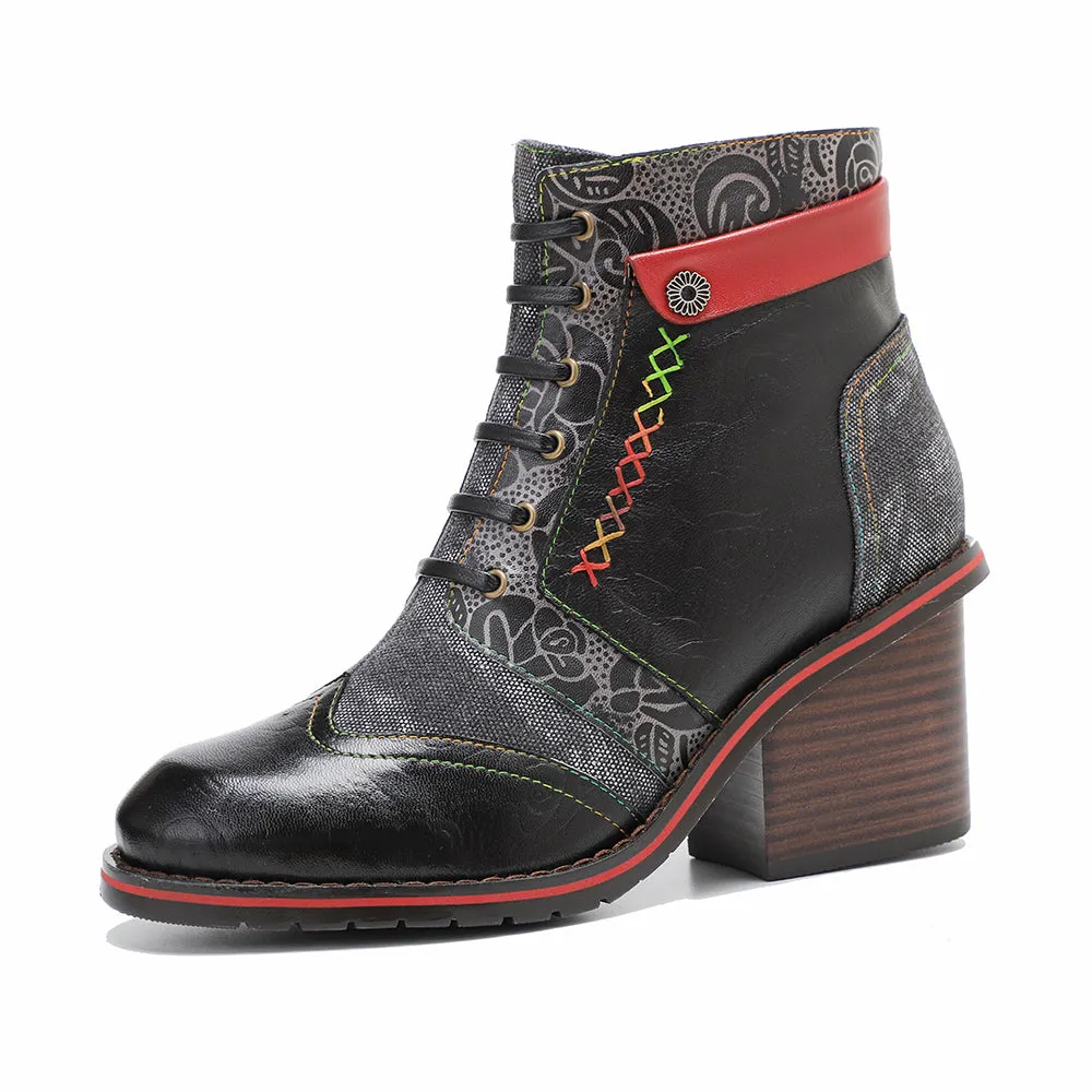 CrazycatZ Womens  Boots Floral Block Heel Leather Western Boots Colorful Leather Boots 306