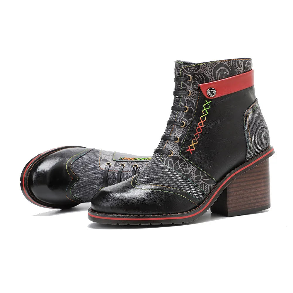 CrazycatZ Womens  Boots Floral Block Heel Leather Western Boots Colorful Leather Boots 306
