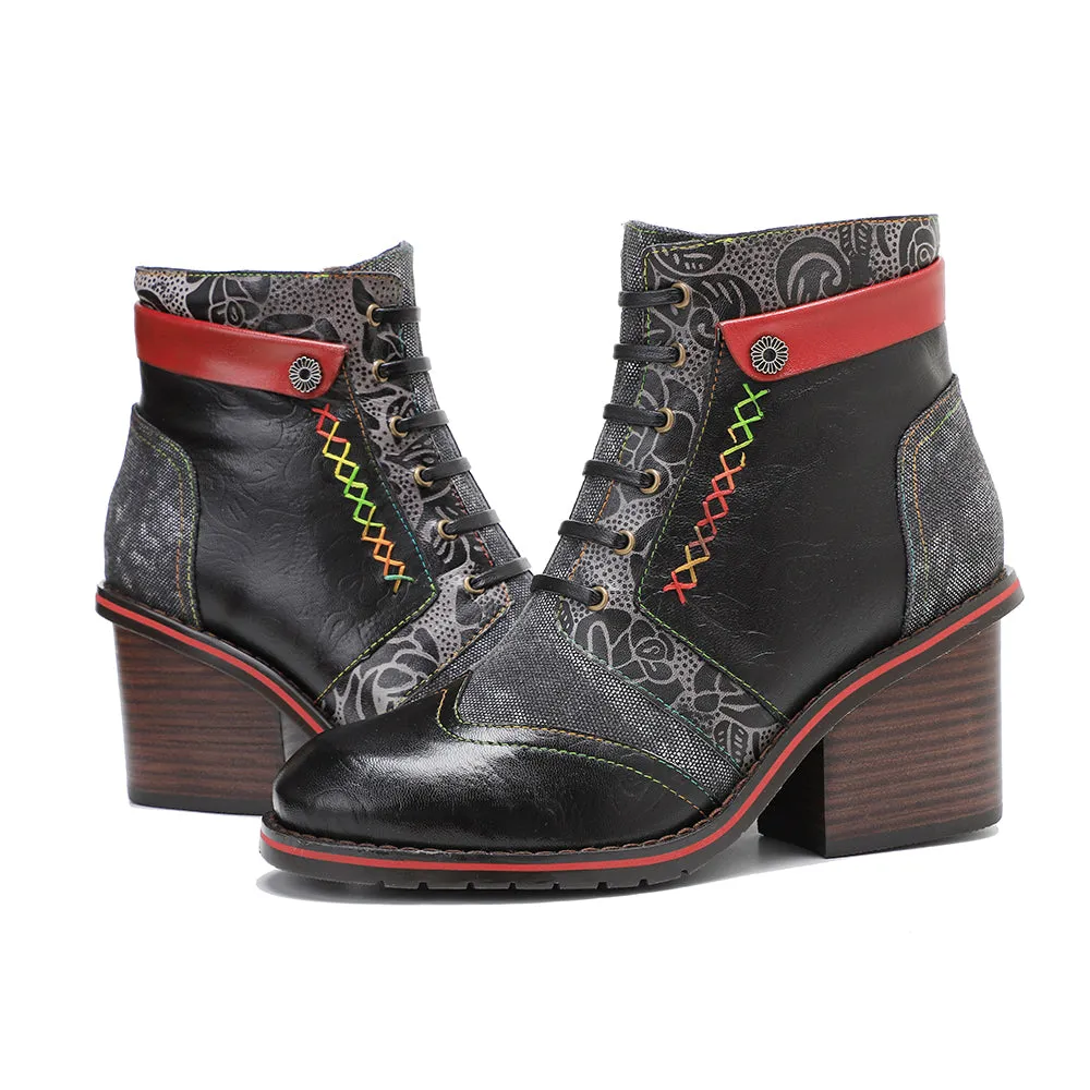 CrazycatZ Womens  Boots Floral Block Heel Leather Western Boots Colorful Leather Boots 306