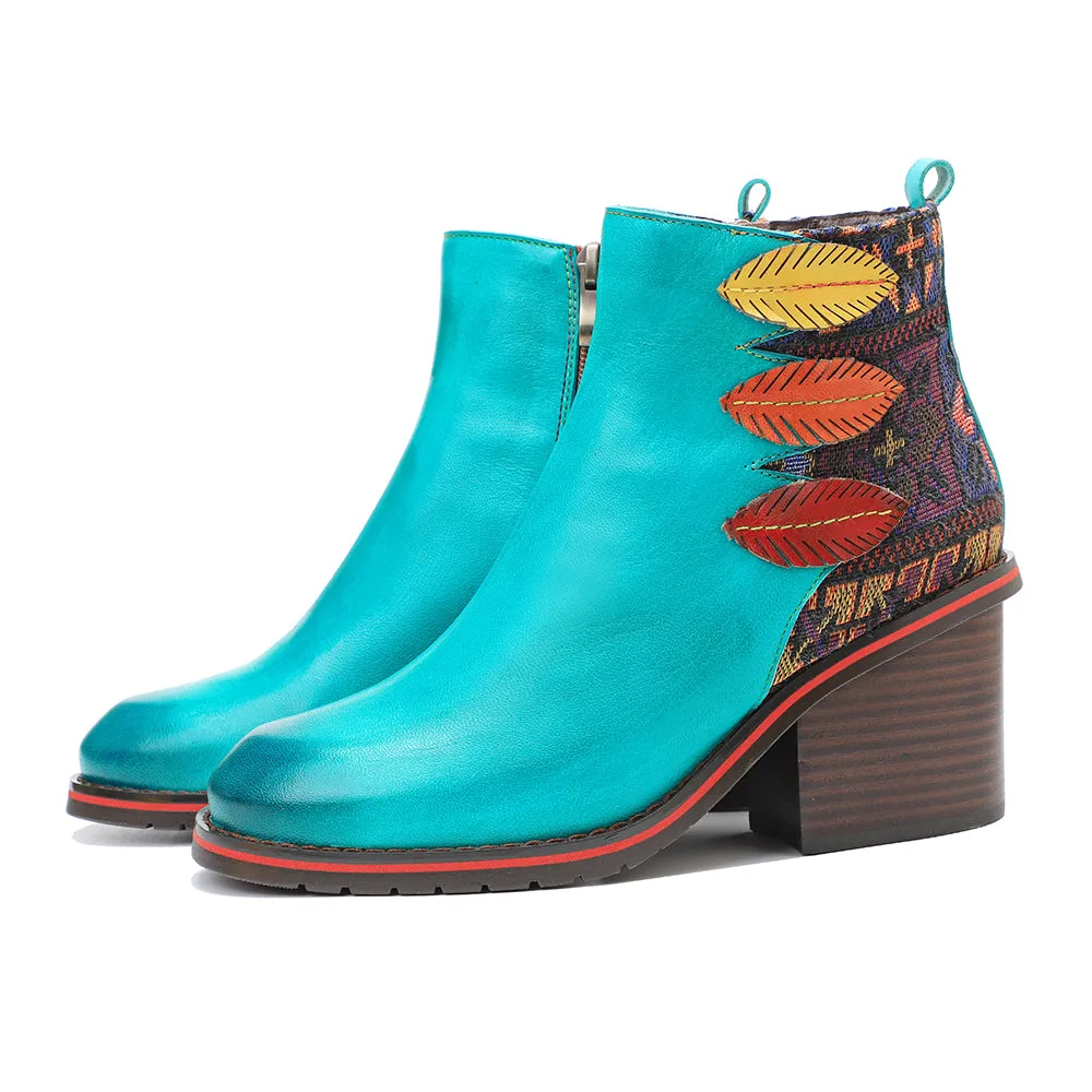 CrazycatZ Womens  Boots Floral Block Heel Leather Western Boots Colorful Leather Boots 307