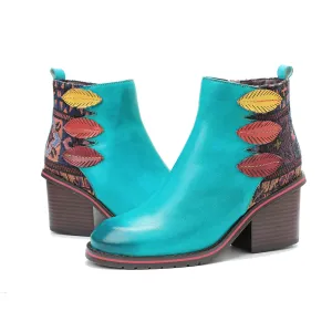 CrazycatZ Womens  Boots Floral Block Heel Leather Western Boots Colorful Leather Boots 307
