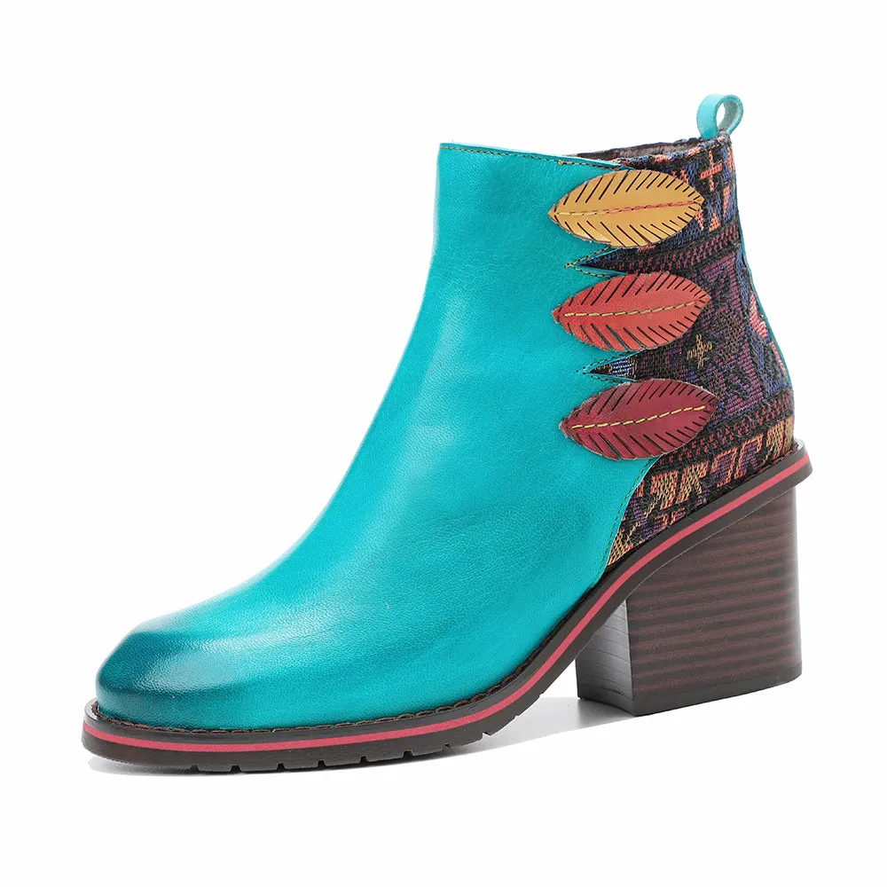 CrazycatZ Womens  Boots Floral Block Heel Leather Western Boots Colorful Leather Boots 307