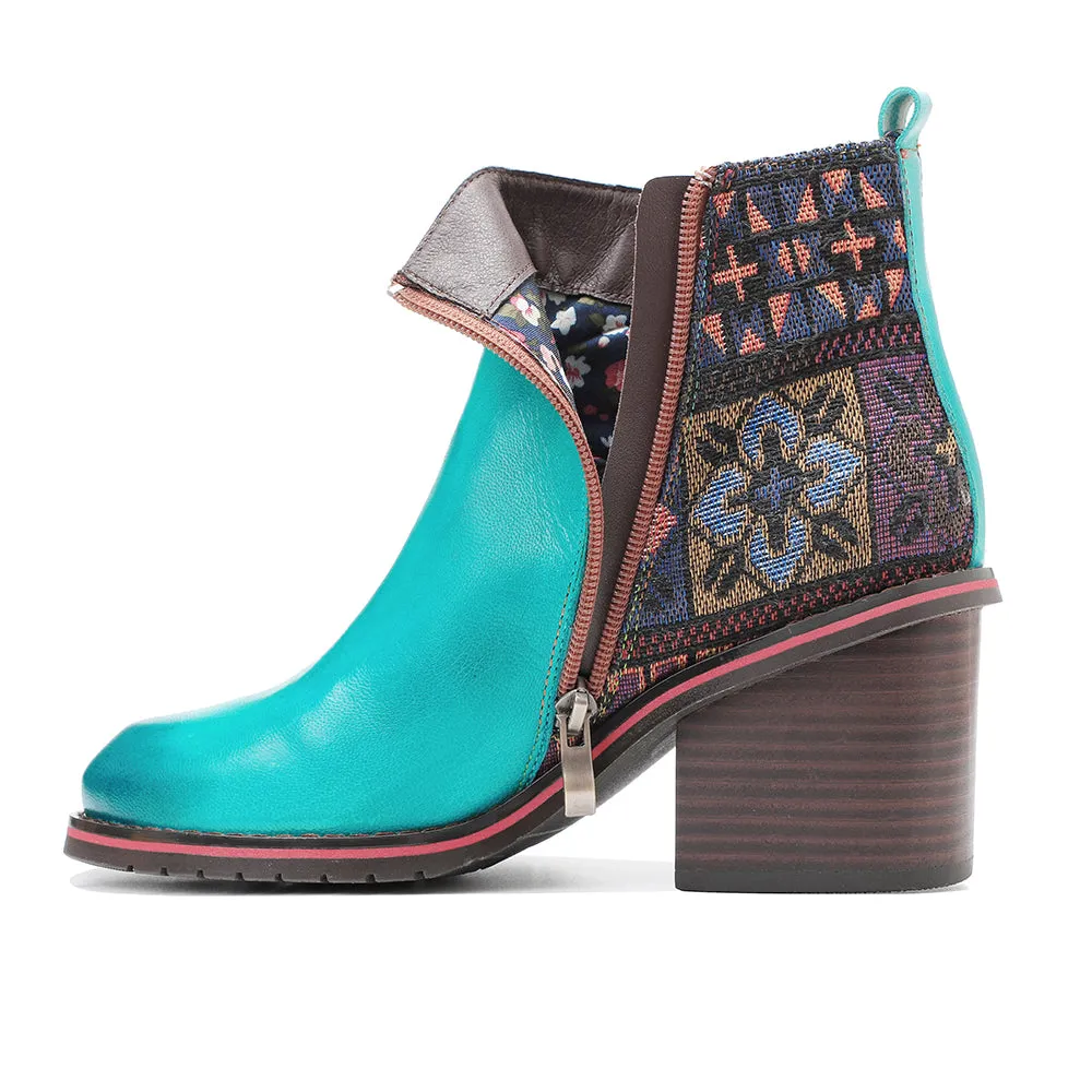 CrazycatZ Womens  Boots Floral Block Heel Leather Western Boots Colorful Leather Boots 307