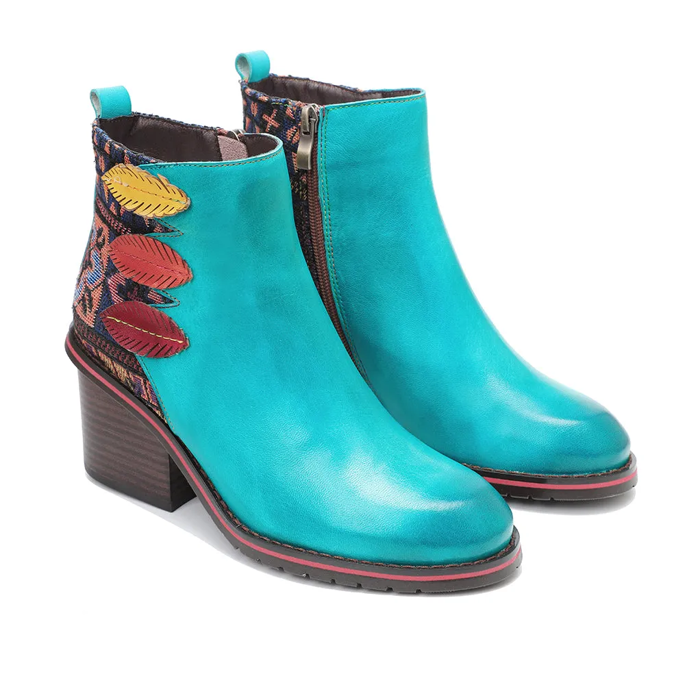 CrazycatZ Womens  Boots Floral Block Heel Leather Western Boots Colorful Leather Boots 307