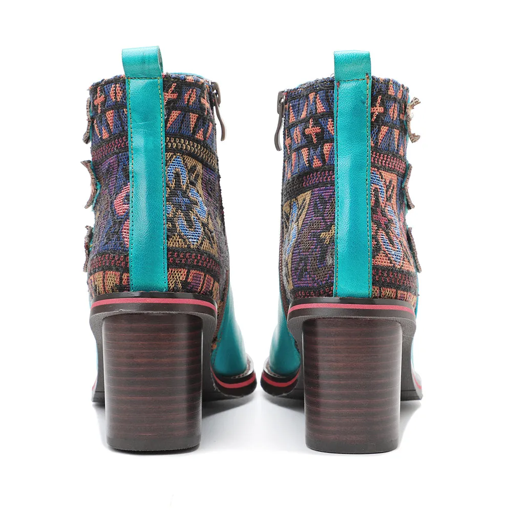 CrazycatZ Womens  Boots Floral Block Heel Leather Western Boots Colorful Leather Boots 307