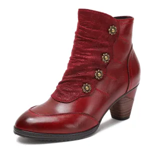 CrazycatZ Womens Leather Ankle  Boots Colorful Leather Buttoned Vintage Boots Red