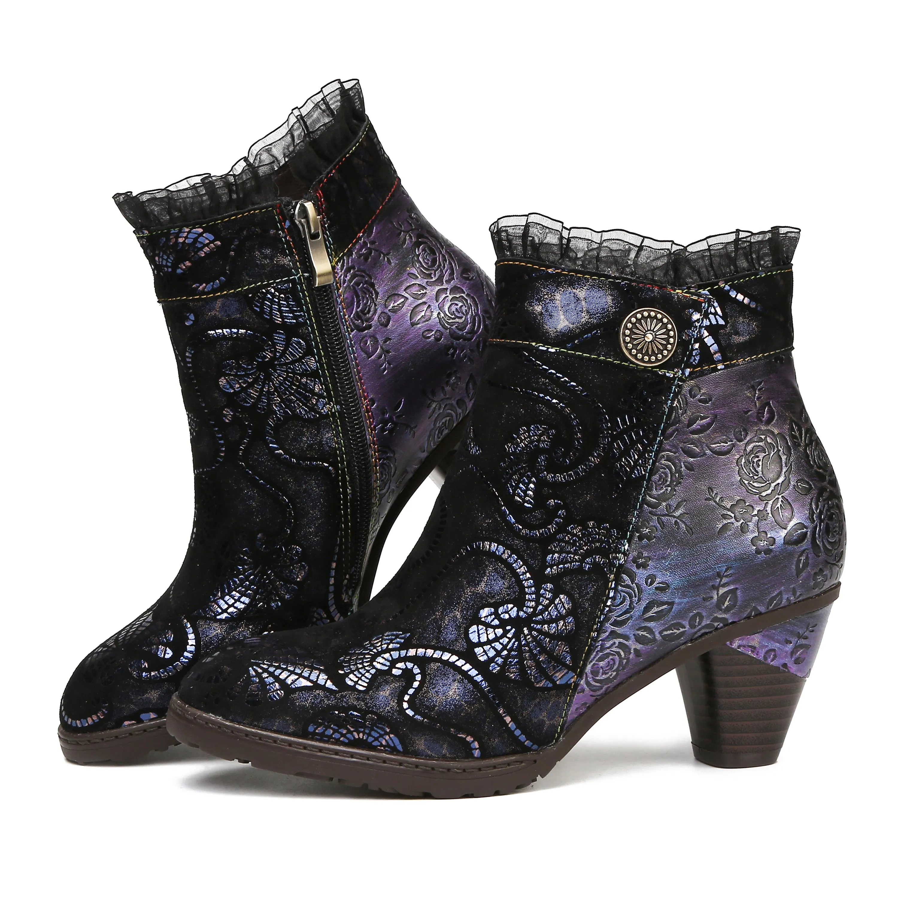 CrazycatZ Womens  Leather Boots  Block Heel Leather  Colorful Lace Trim Ankle Boots