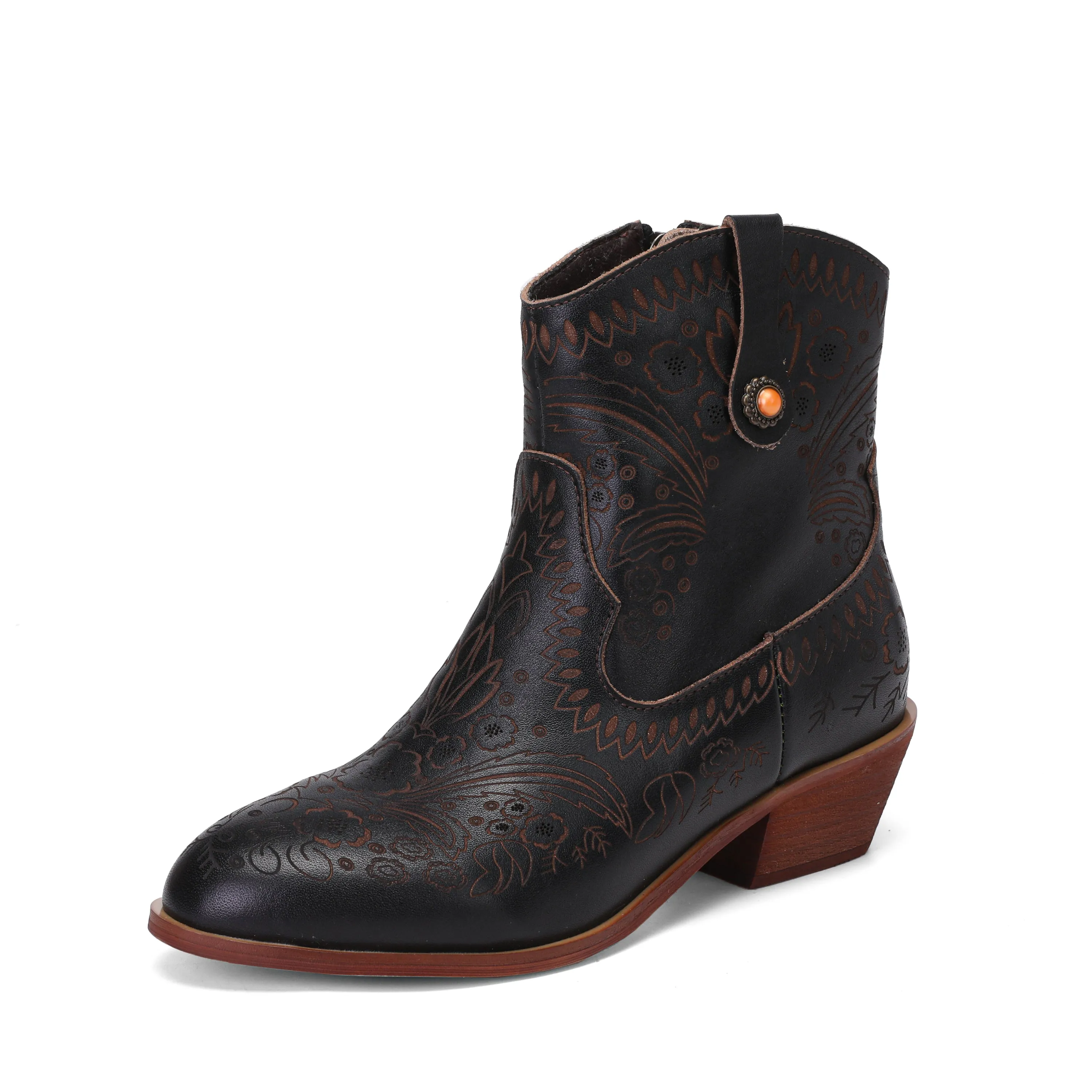 CrazycatZ Womens Western Leather Boots Colorful Leather Ankle Boots Western Bootie Black