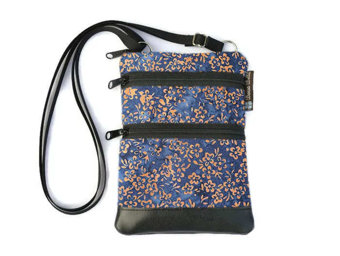 Ella Bella Purse Faux Leather Small Cross Body Purse - Blue Batik Fabric