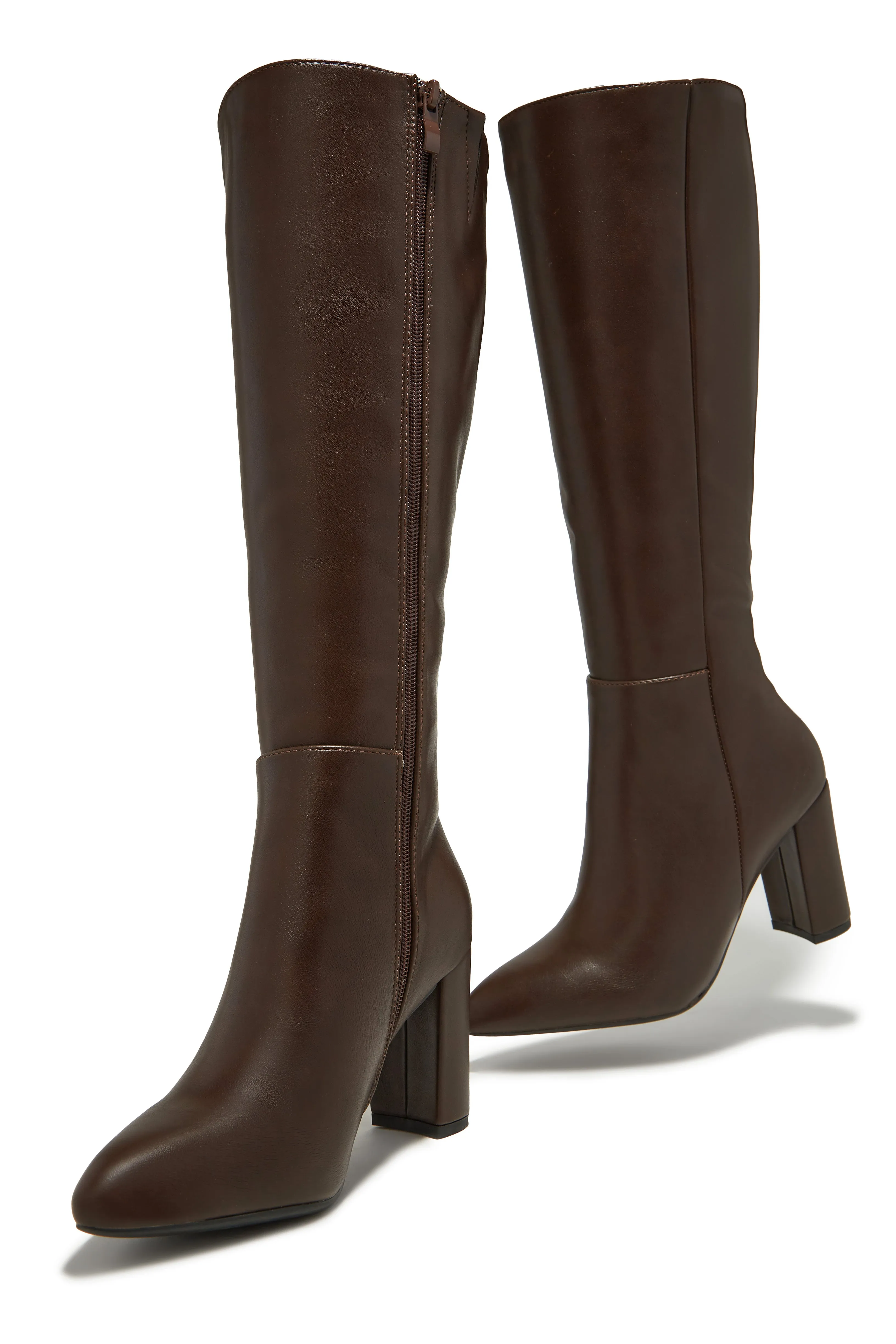Fine Time Block Heel Knee High Boots - Brown