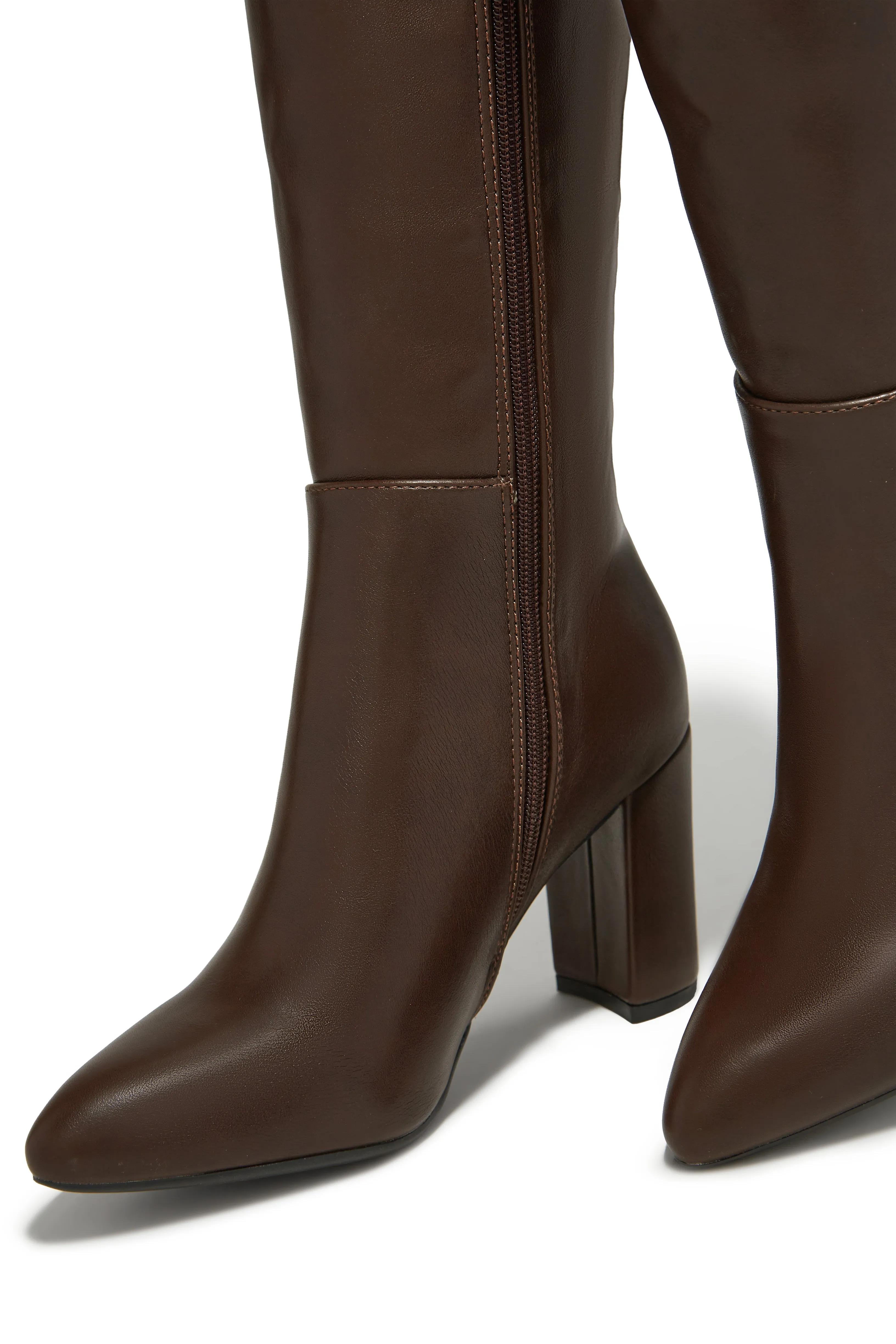 Fine Time Block Heel Knee High Boots - Brown