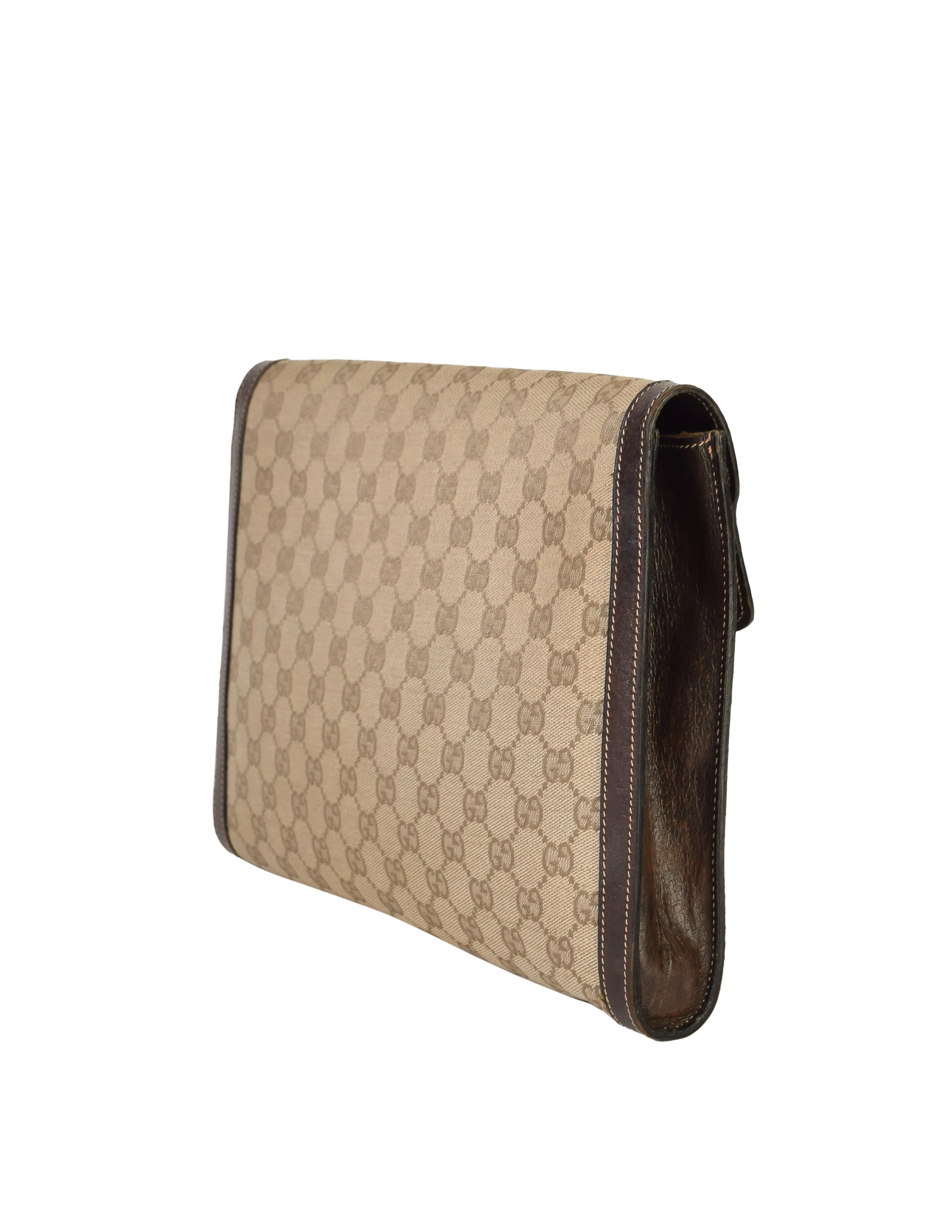 Gucci Vintage Brown GG Logo Monogram Fabric Leather Portfolio Clutch Bag