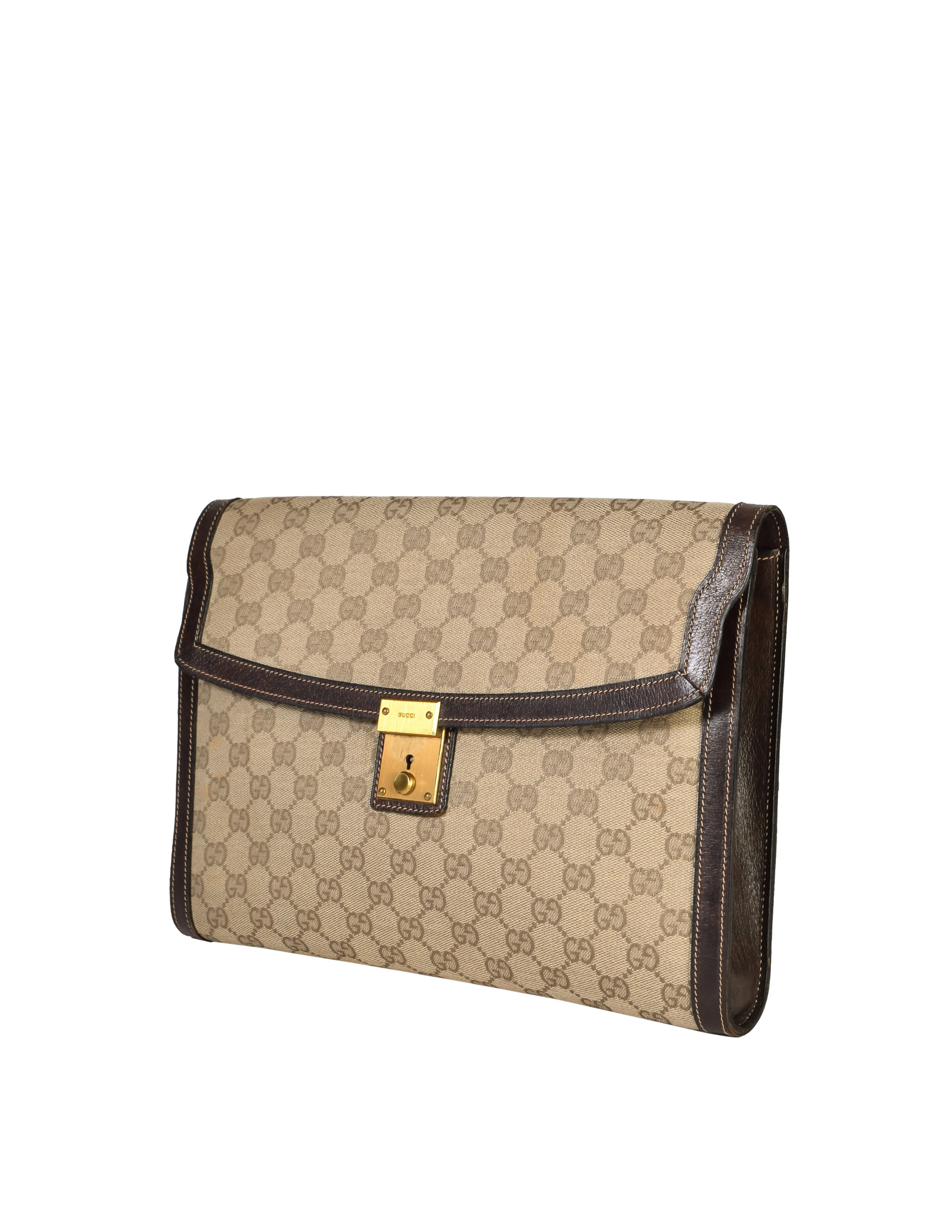 Gucci Vintage Brown GG Logo Monogram Fabric Leather Portfolio Clutch Bag