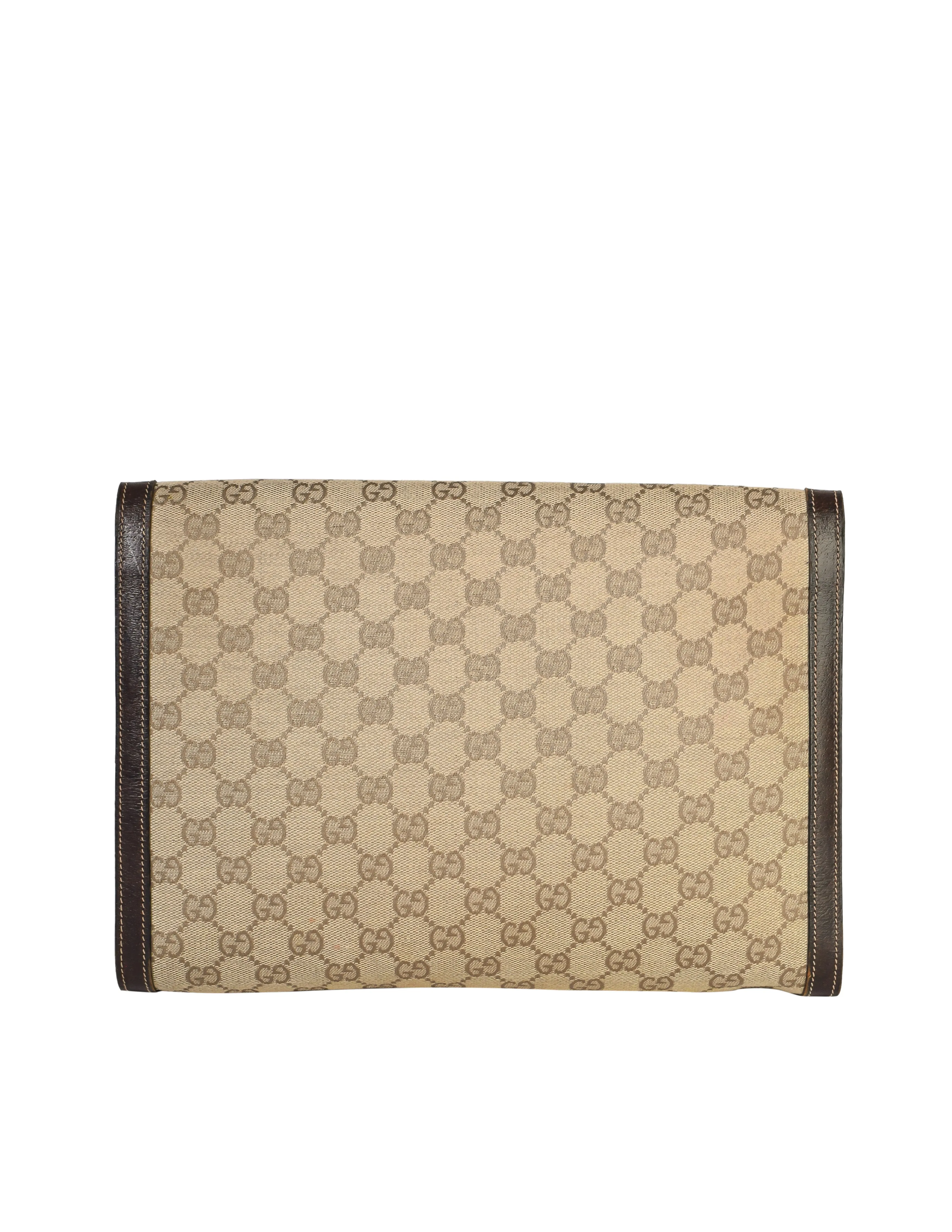 Gucci Vintage Brown GG Logo Monogram Fabric Leather Portfolio Clutch Bag