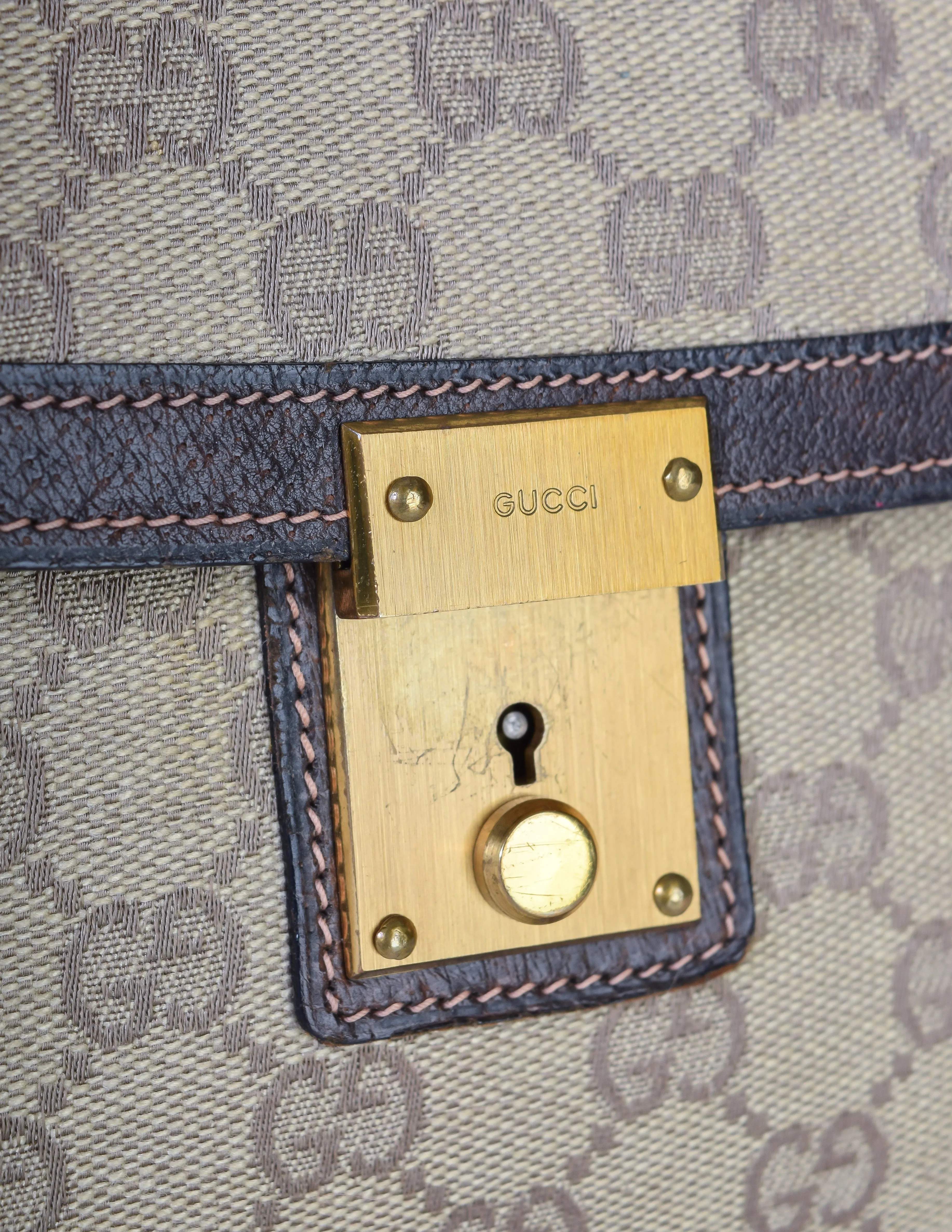 Gucci Vintage Brown GG Logo Monogram Fabric Leather Portfolio Clutch Bag
