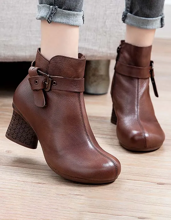Handmade Retro Leather Ankle Strap Chunky Boots