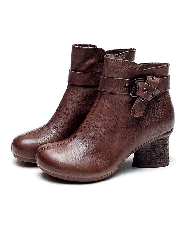 Handmade Retro Leather Ankle Strap Chunky Boots