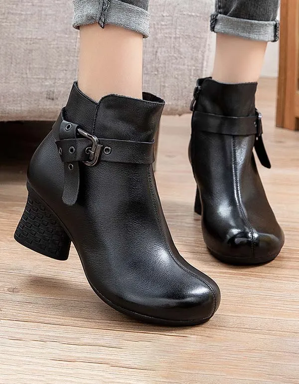 Handmade Retro Leather Ankle Strap Chunky Boots