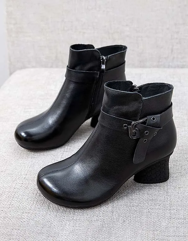 Handmade Retro Leather Ankle Strap Chunky Boots
