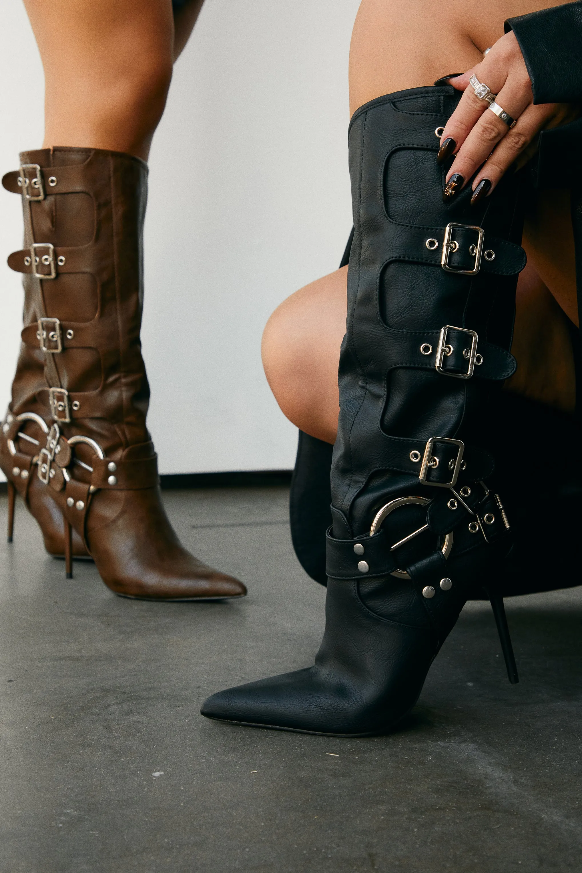 Kaycee Below The Knee High Heel Moto Boots - Brown