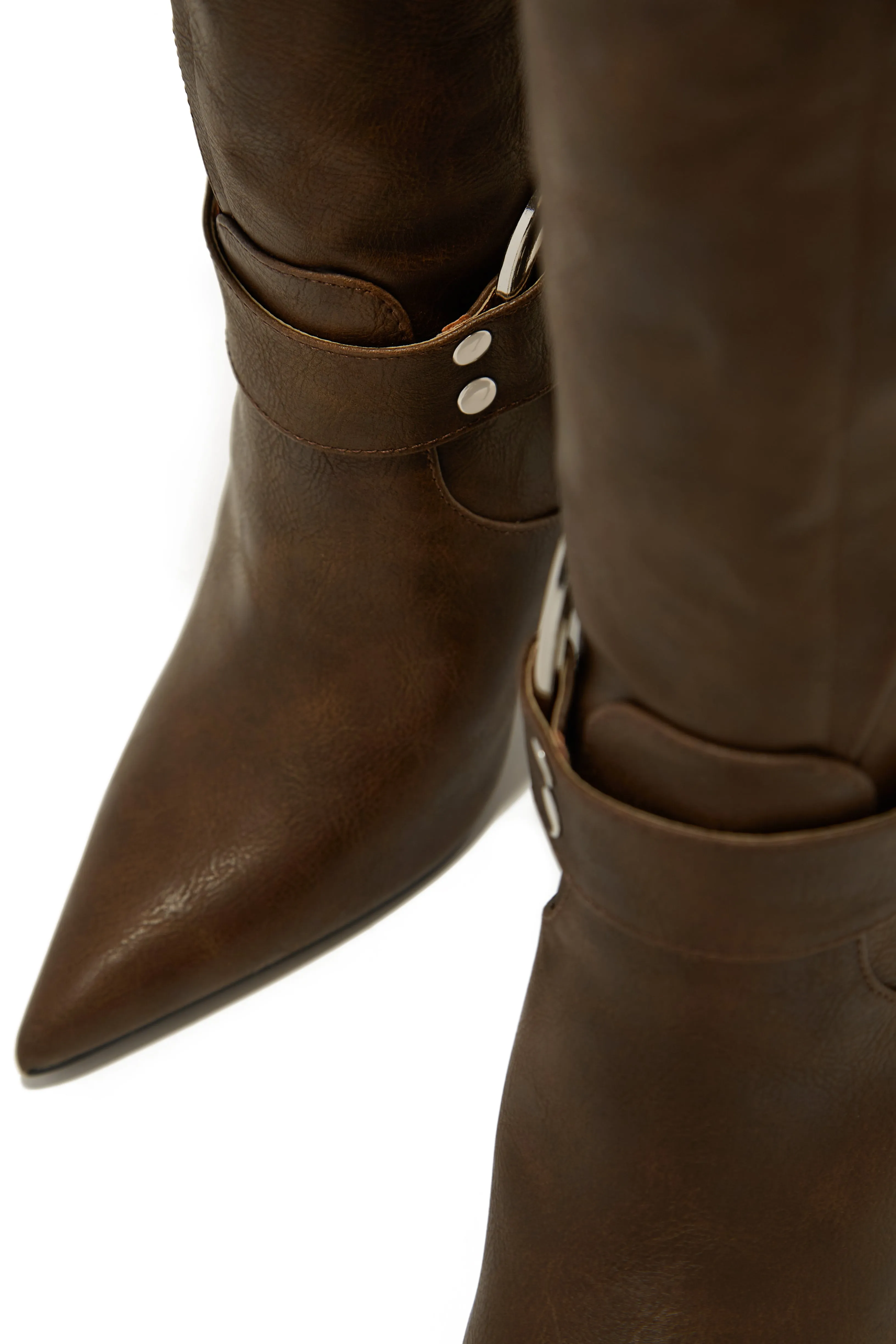 Kaycee Below The Knee High Heel Moto Boots - Brown
