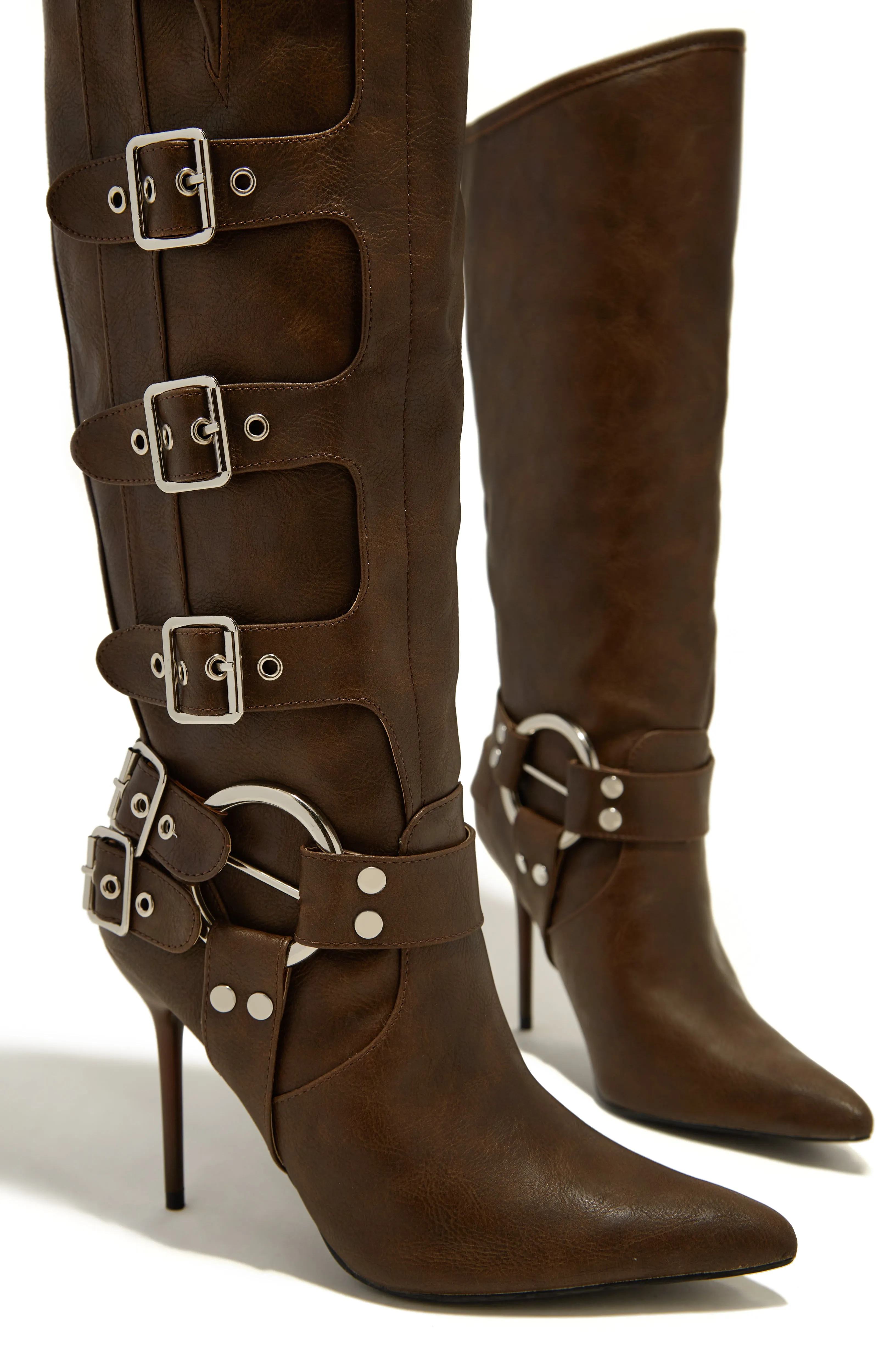 Kaycee Below The Knee High Heel Moto Boots - Brown