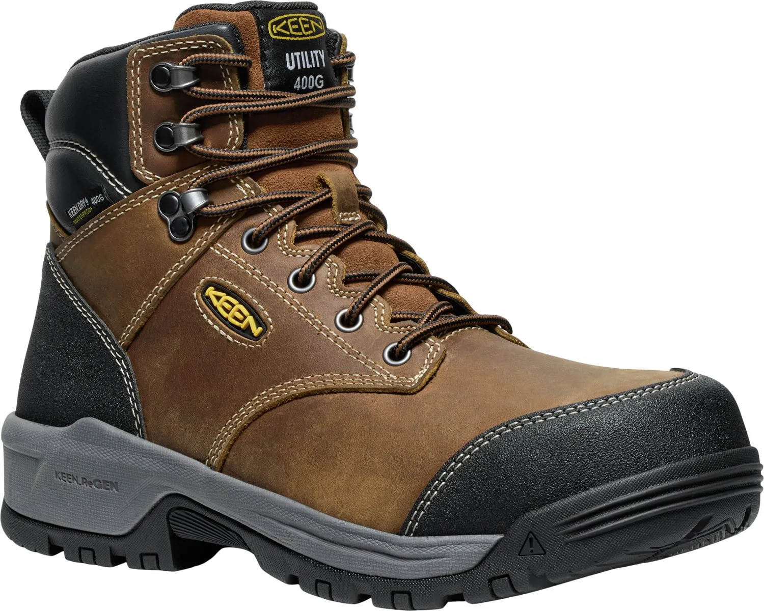 Keen Utility Mens Evanston 6in WP 400G CT Bison/Black Leather Work Boots