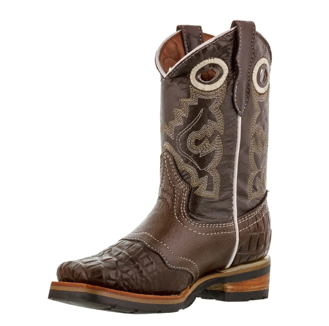 Kids Brown Crocodile Belly Print Cowboy Boots - Square Toe