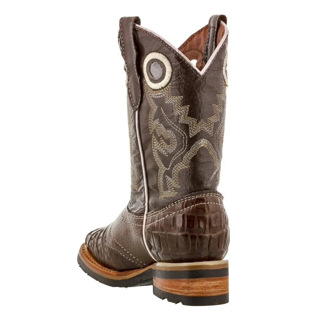 Kids Brown Crocodile Belly Print Cowboy Boots - Square Toe
