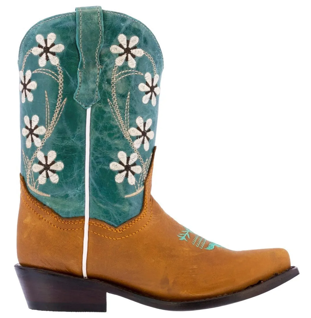 Kids FLR1 Teal Western Cowboy Boots Floral Leather - Snip Toe