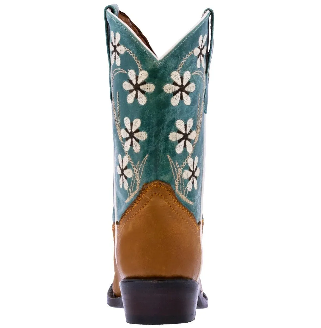 Kids FLR1 Teal Western Cowboy Boots Floral Leather - Snip Toe
