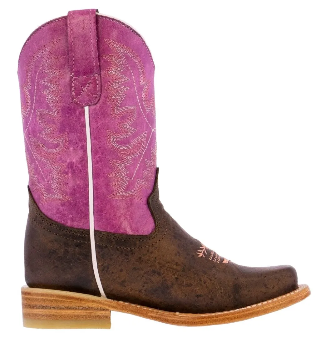 Kids Purple Western Cowboy Boots Smooth Leather Square Toe