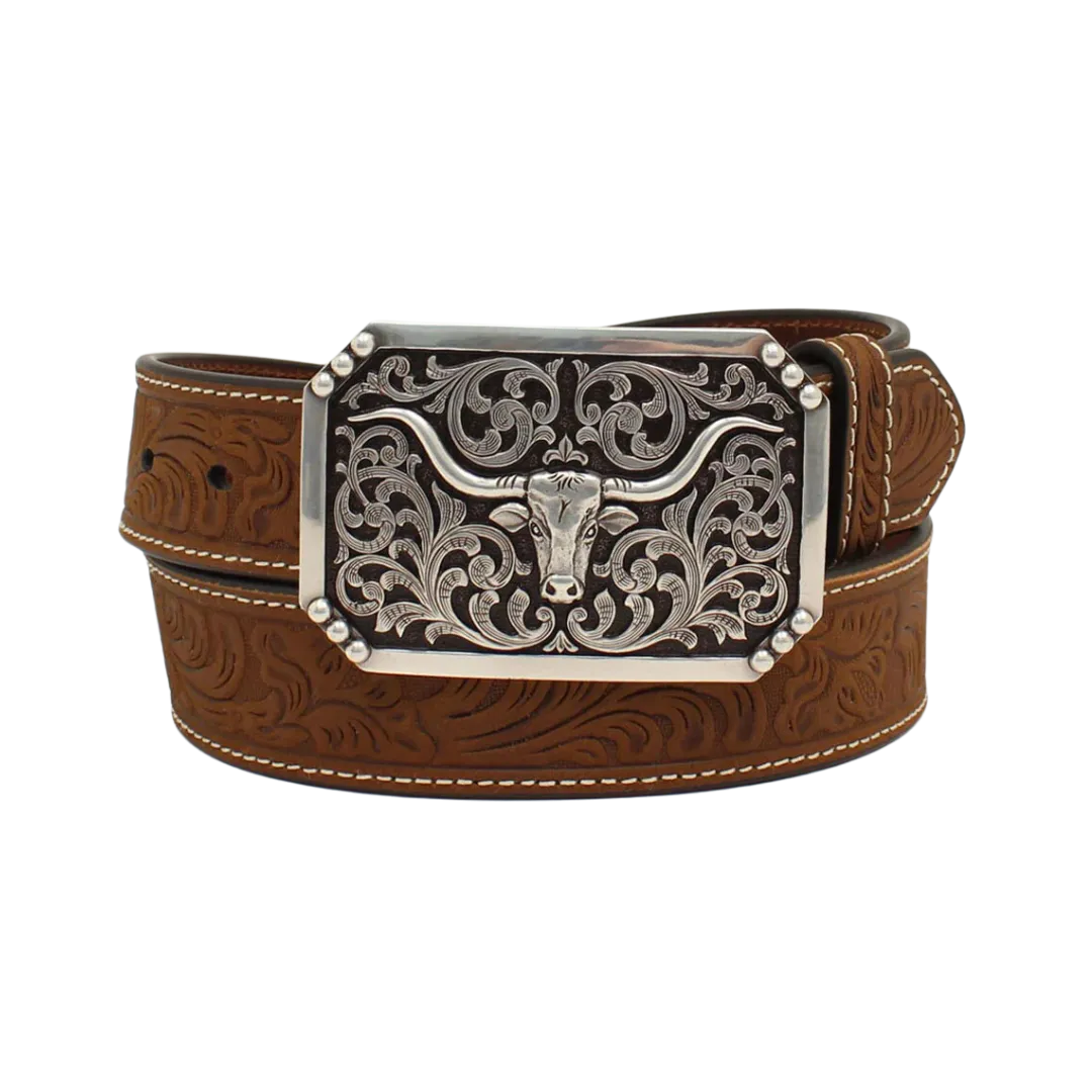M&f Men's Western Floral Tooled Longhorn Embossed Buckle Belt
