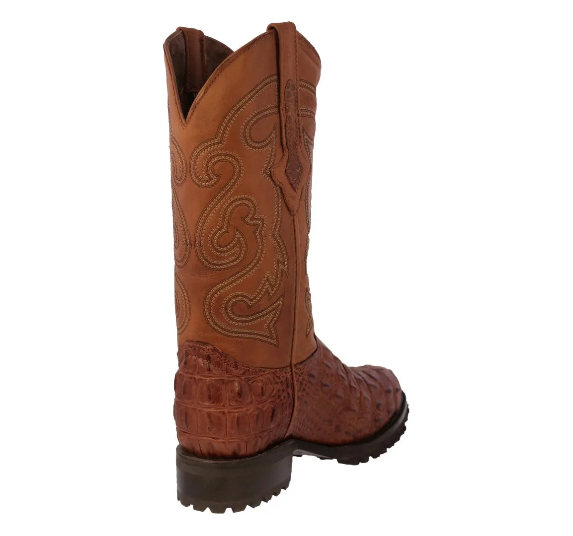 Mens Cognac Motorcycle Boots Crocodile Back Cut Print - Round Toe