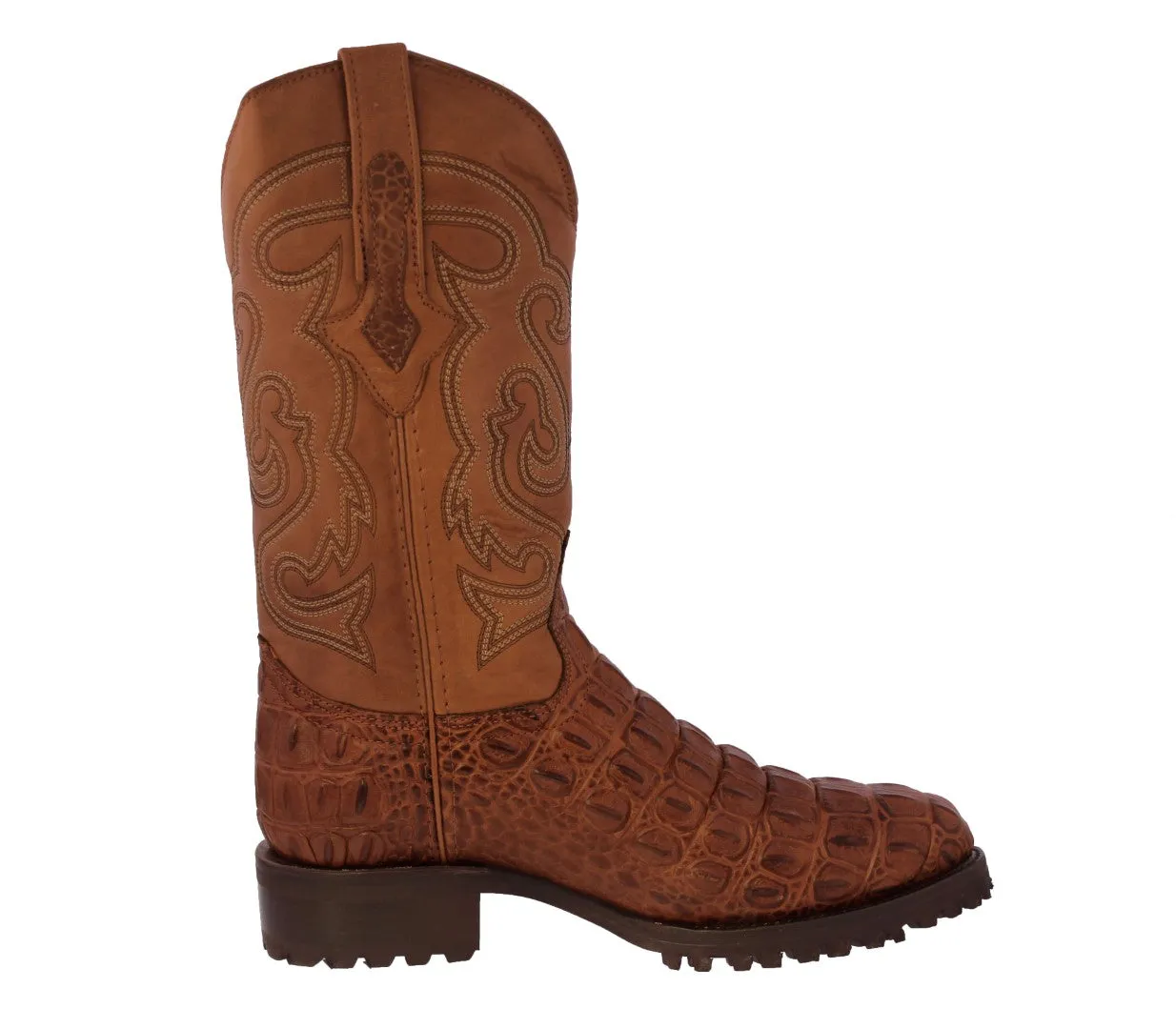 Mens Cognac Motorcycle Boots Crocodile Back Cut Print - Round Toe