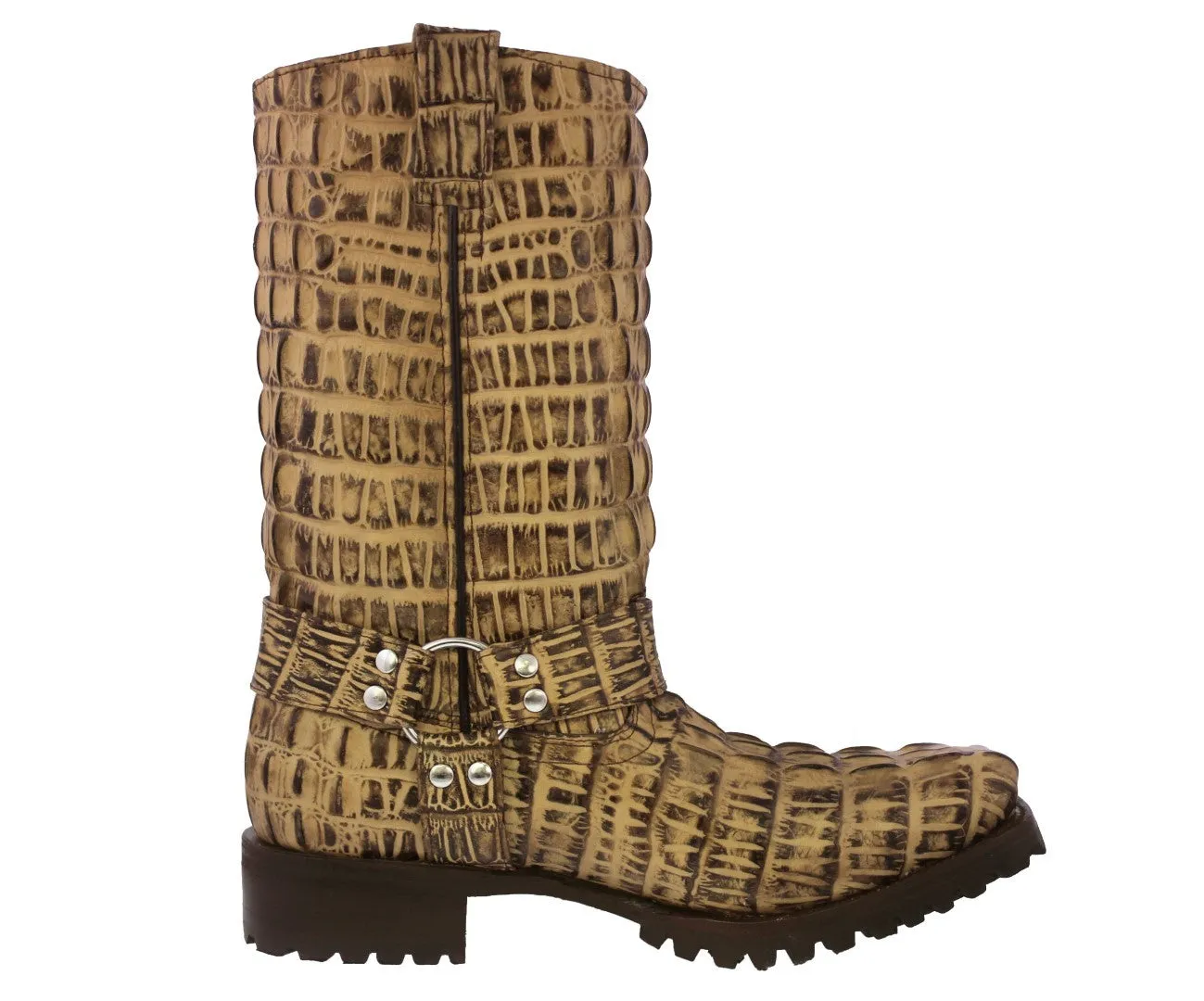 Mens Rustic Sand Motorcycle Boots Crocodile Tail Print - Square Toe