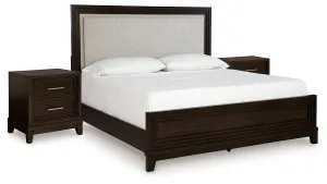 Neymorton Queen Upholstered Panel Bed with 2 Nightstands in Dark Grayish Brown