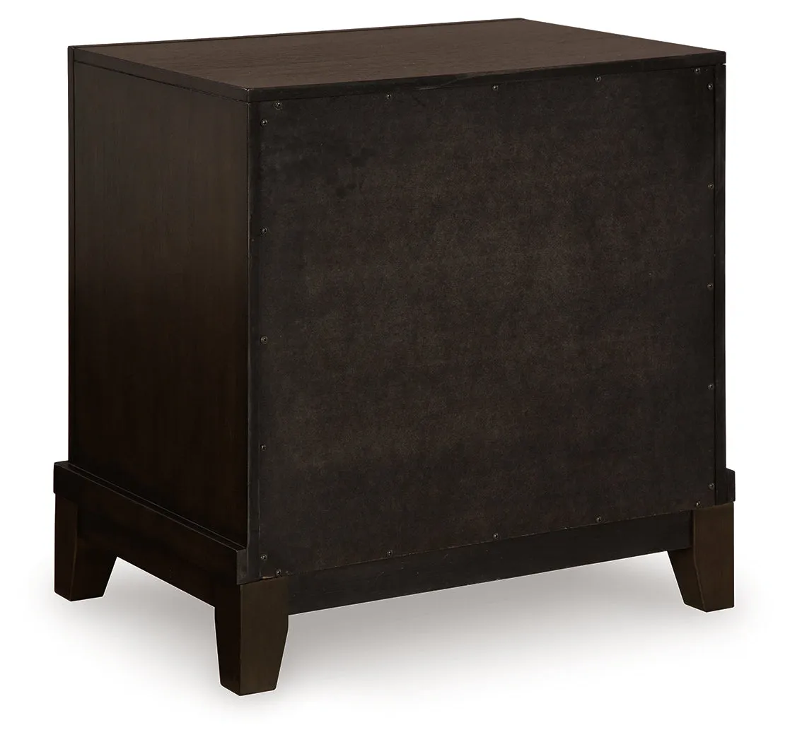 Neymorton Queen Upholstered Panel Bed with 2 Nightstands in Dark Grayish Brown